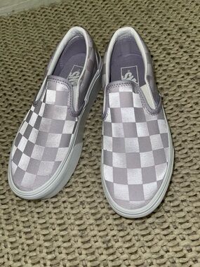 6 Vans Lilac and Silver Checkerboard Slip-On Sneakers